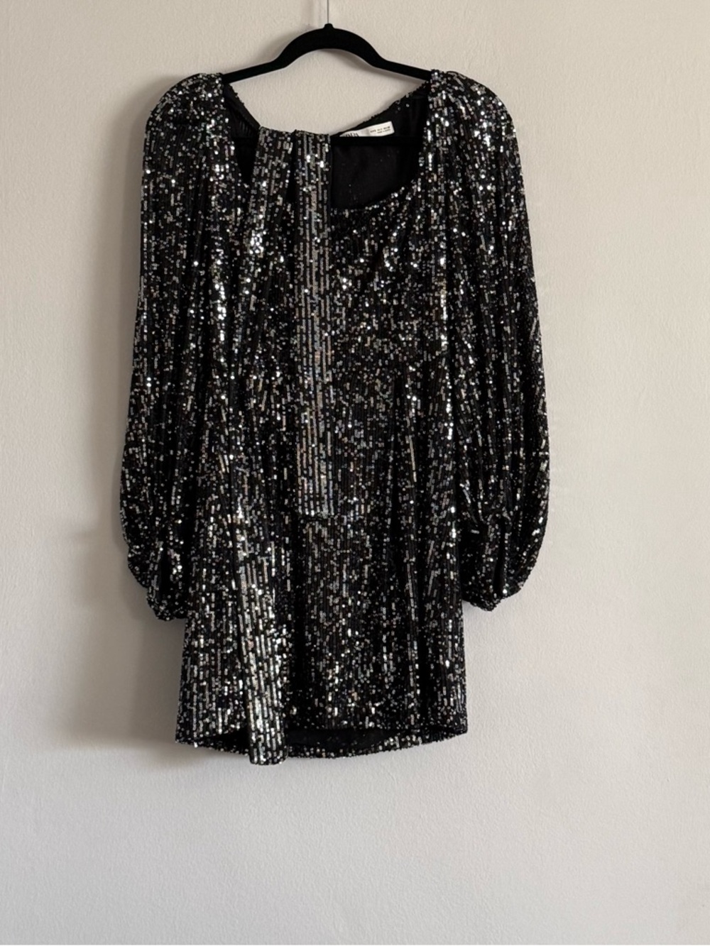 Zara Black Sequin Square Neck Puff-Sleeve Mini Dress with Tie Belt - Picture 4 of 7